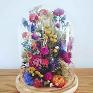 Brightly coloured dried flowers under a glass dome